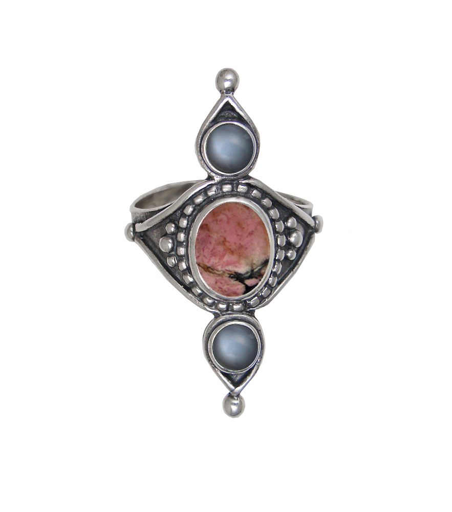 Sterling Silver Royal Ring With Rhodonite And Grey Moonstone Size 9